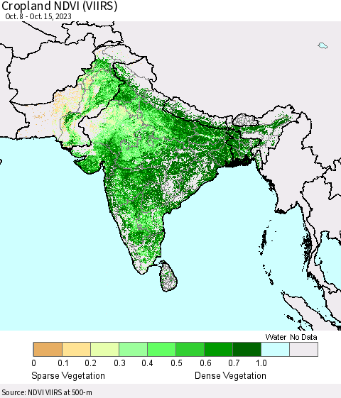 Southern Asia Cropland NDVI (VIIRS) Thematic Map For 10/8/2023 - 10/15/2023