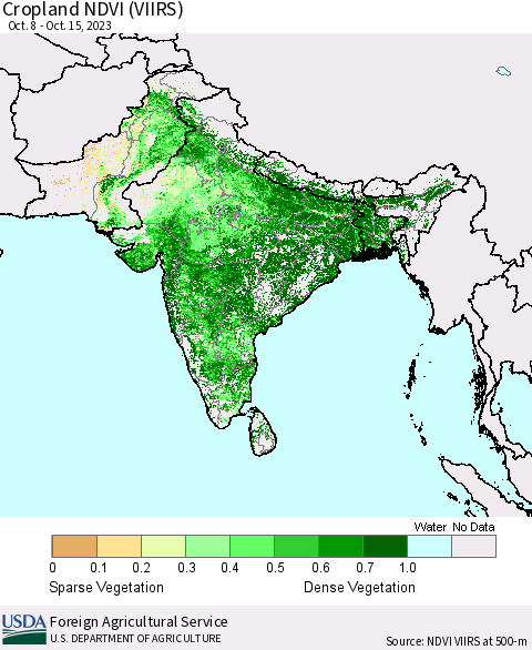 Southern Asia Cropland NDVI (VIIRS) Thematic Map For 10/11/2023 - 10/20/2023