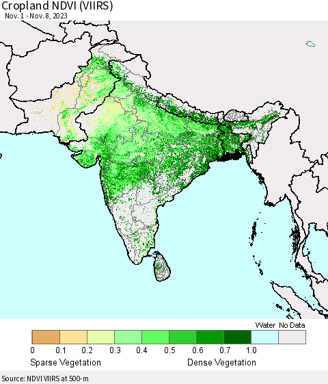 Southern Asia Cropland NDVI (VIIRS) Thematic Map For 11/1/2023 - 11/8/2023