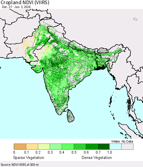 Southern Asia Cropland NDVI (VIIRS) Thematic Map For 12/27/2023 - 1/3/2024