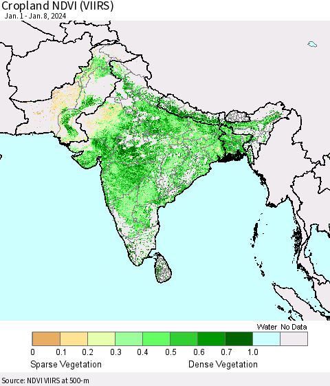 Southern Asia Cropland NDVI (VIIRS) Thematic Map For 1/1/2024 - 1/8/2024