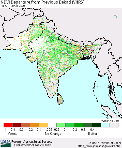 Southern Asia NDVI Departure from Previous Dekad (VIIRS) Thematic Map For 6/1/2020 - 6/10/2020