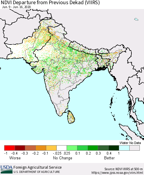 Southern Asia NDVI Departure from Previous Dekad (VIIRS) Thematic Map For 6/11/2020 - 6/20/2020