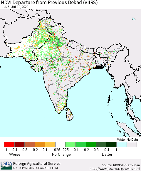 Southern Asia NDVI Departure from Previous Dekad (VIIRS) Thematic Map For 7/1/2020 - 7/10/2020
