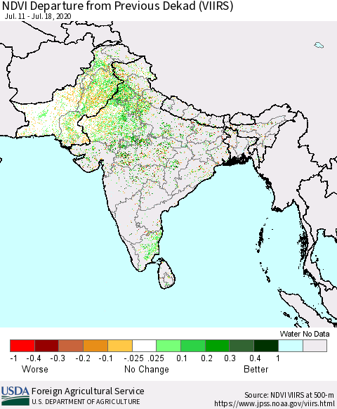 Southern Asia NDVI Departure from Previous Dekad (VIIRS) Thematic Map For 7/11/2020 - 7/20/2020