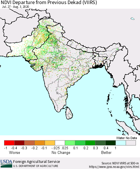 Southern Asia NDVI Departure from Previous Dekad (VIIRS) Thematic Map For 8/1/2020 - 8/10/2020