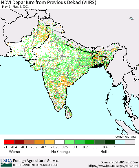 Southern Asia NDVI Departure from Previous Dekad (VIIRS) Thematic Map For 5/1/2021 - 5/10/2021