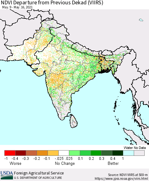 Southern Asia NDVI Departure from Previous Dekad (VIIRS) Thematic Map For 5/11/2021 - 5/20/2021