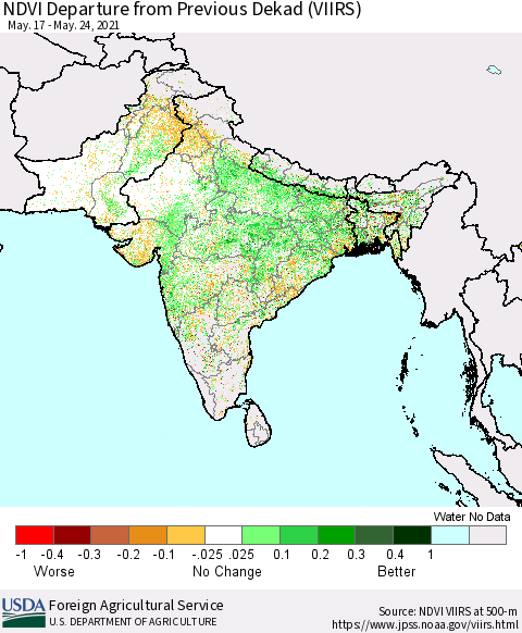 Southern Asia NDVI Departure from Previous Dekad (VIIRS) Thematic Map For 5/21/2021 - 5/31/2021