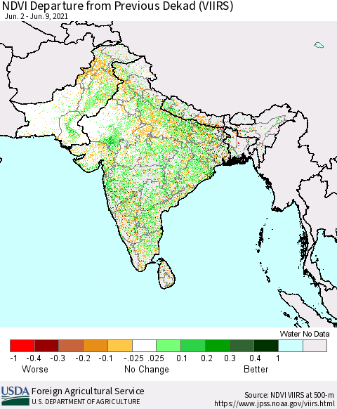 Southern Asia NDVI Departure from Previous Dekad (VIIRS) Thematic Map For 6/1/2021 - 6/10/2021