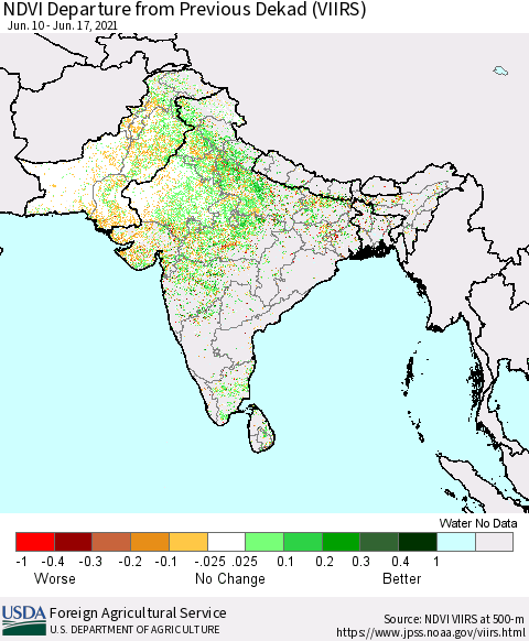 Southern Asia NDVI Departure from Previous Dekad (VIIRS) Thematic Map For 6/11/2021 - 6/20/2021