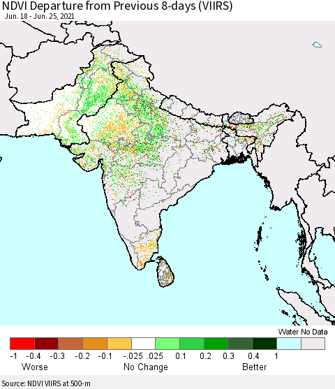 Southern Asia NDVI Departure from Previous 8-days (VIIRS) Thematic Map For 6/18/2021 - 6/25/2021