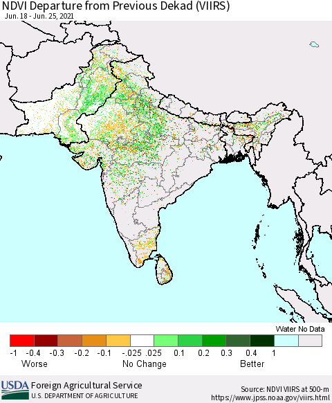 Southern Asia NDVI Departure from Previous Dekad (VIIRS) Thematic Map For 6/21/2021 - 6/30/2021