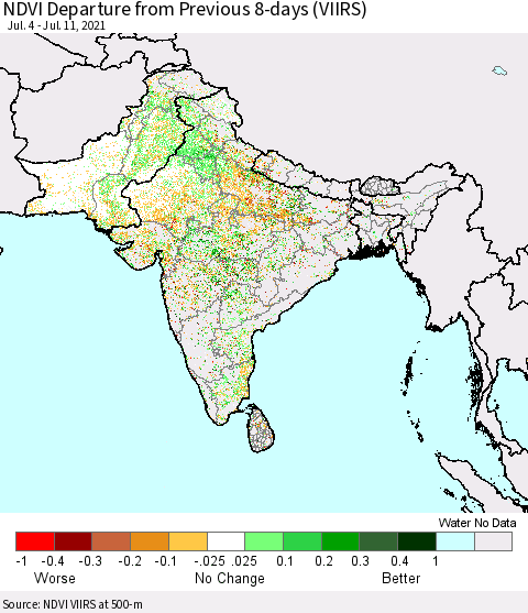 Southern Asia NDVI Departure from Previous 8-days (VIIRS) Thematic Map For 7/4/2021 - 7/11/2021