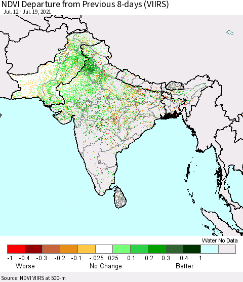Southern Asia NDVI Departure from Previous 8-days (VIIRS) Thematic Map For 7/12/2021 - 7/19/2021