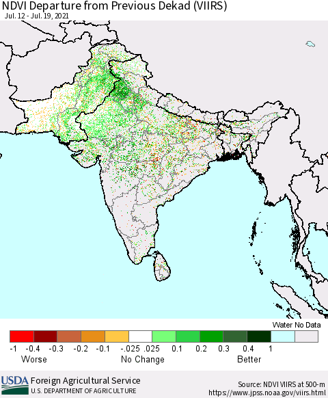 Southern Asia NDVI Departure from Previous Dekad (VIIRS) Thematic Map For 7/11/2021 - 7/20/2021
