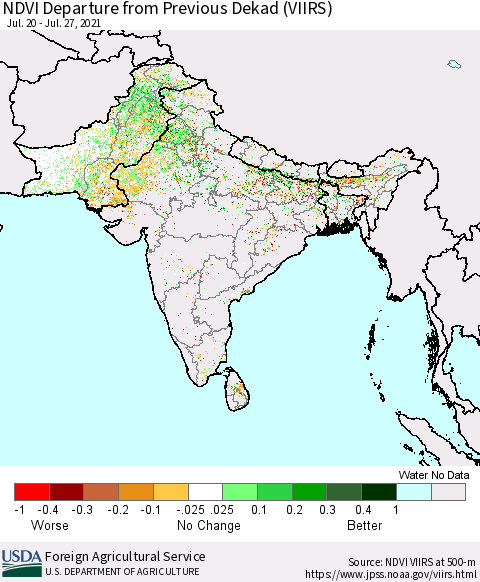 Southern Asia NDVI Departure from Previous Dekad (VIIRS) Thematic Map For 7/21/2021 - 7/31/2021