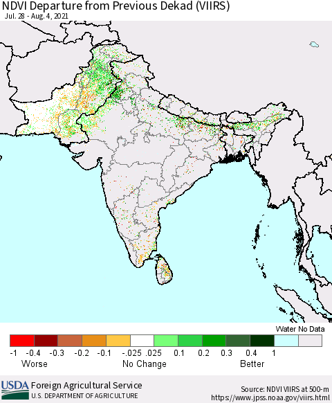 Southern Asia NDVI Departure from Previous Dekad (VIIRS) Thematic Map For 8/1/2021 - 8/10/2021