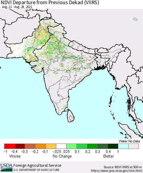 Southern Asia NDVI Departure from Previous Dekad (VIIRS) Thematic Map For 8/21/2021 - 8/31/2021