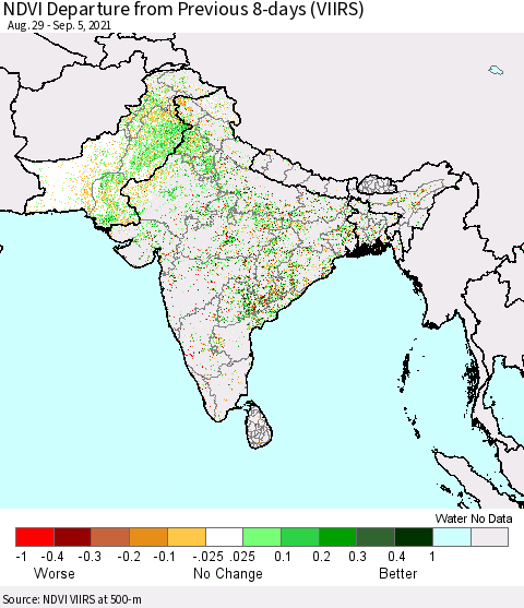 Southern Asia NDVI Departure from Previous 8-days (VIIRS) Thematic Map For 8/29/2021 - 9/5/2021