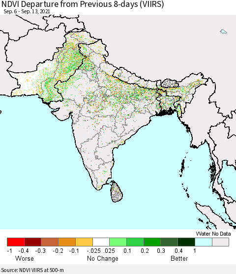 Southern Asia NDVI Departure from Previous 8-days (VIIRS) Thematic Map For 9/6/2021 - 9/13/2021