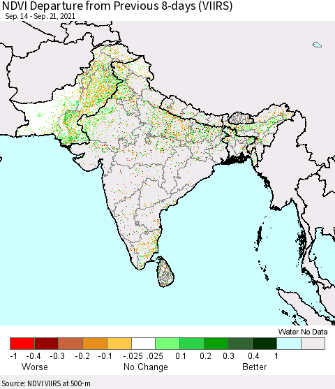 Southern Asia NDVI Departure from Previous 8-days (VIIRS) Thematic Map For 9/14/2021 - 9/21/2021