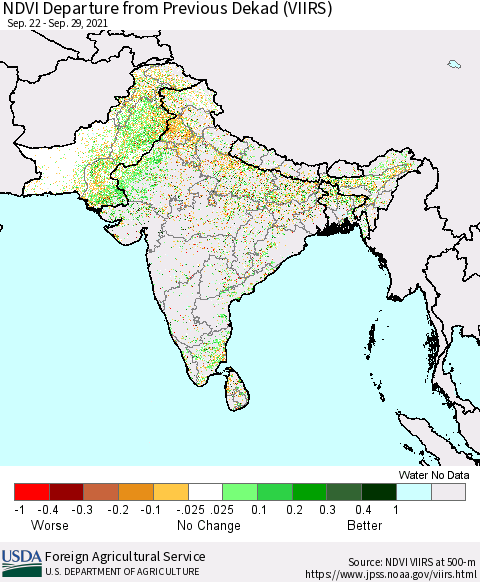 Southern Asia NDVI Departure from Previous Dekad (VIIRS) Thematic Map For 9/21/2021 - 9/30/2021