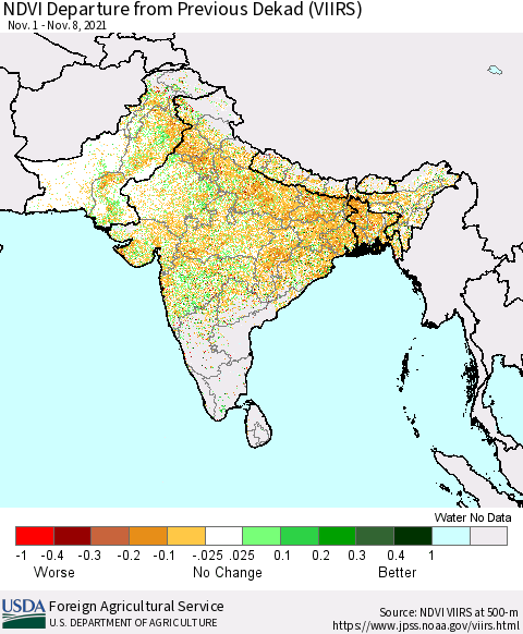Southern Asia NDVI Departure from Previous Dekad (VIIRS) Thematic Map For 11/1/2021 - 11/10/2021