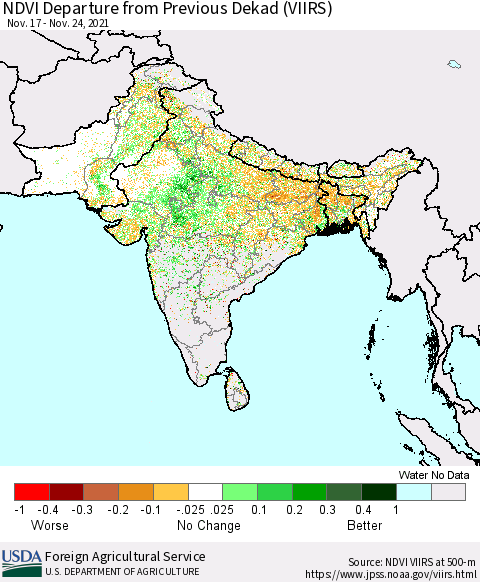 Southern Asia NDVI Departure from Previous Dekad (VIIRS) Thematic Map For 11/21/2021 - 11/30/2021