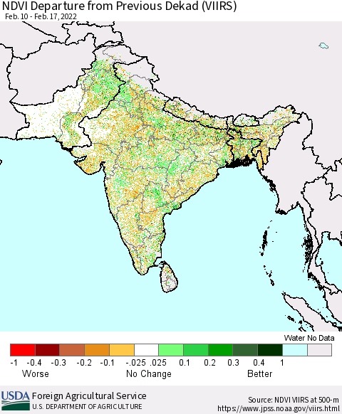 Southern Asia NDVI Departure from Previous Dekad (VIIRS) Thematic Map For 2/11/2022 - 2/20/2022