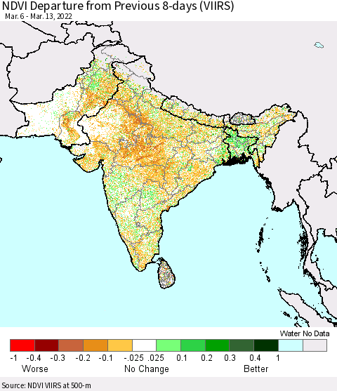 Southern Asia NDVI Departure from Previous 8-days (VIIRS) Thematic Map For 3/6/2022 - 3/13/2022