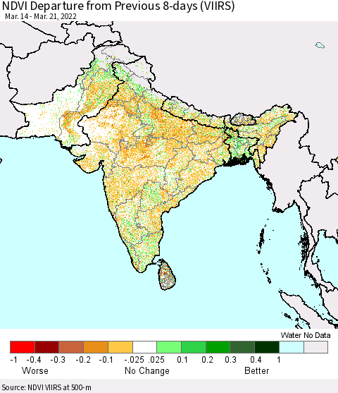 Southern Asia NDVI Departure from Previous 8-days (VIIRS) Thematic Map For 3/14/2022 - 3/21/2022
