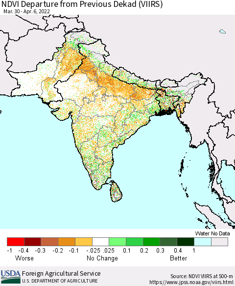 Southern Asia NDVI Departure from Previous Dekad (VIIRS) Thematic Map For 4/1/2022 - 4/10/2022