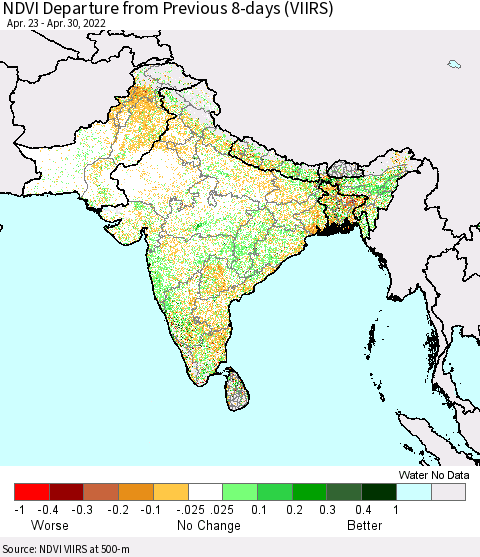 Southern Asia NDVI Departure from Previous Dekad (VIIRS) Thematic Map For 4/21/2022 - 4/30/2022