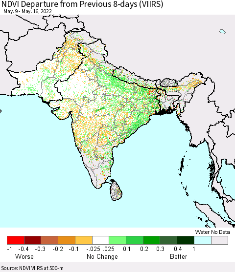 Southern Asia NDVI Departure from Previous 8-days (VIIRS) Thematic Map For 5/9/2022 - 5/16/2022