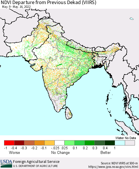 Southern Asia NDVI Departure from Previous Dekad (VIIRS) Thematic Map For 5/11/2022 - 5/20/2022
