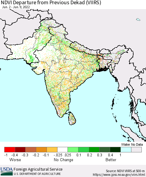 Southern Asia NDVI Departure from Previous Dekad (VIIRS) Thematic Map For 6/1/2022 - 6/10/2022