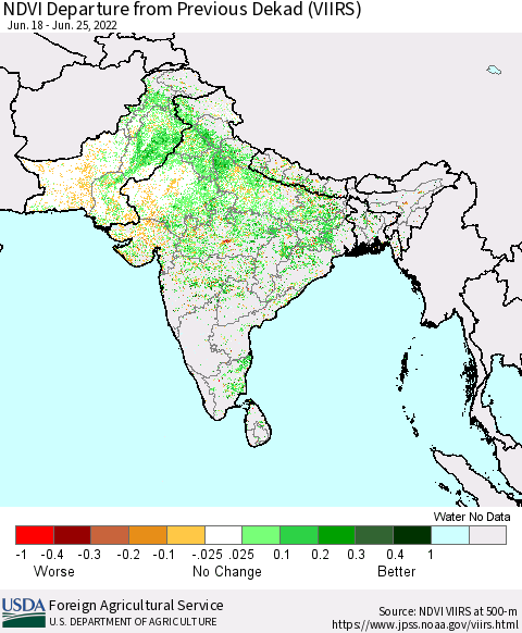 Southern Asia NDVI Departure from Previous Dekad (VIIRS) Thematic Map For 6/21/2022 - 6/30/2022