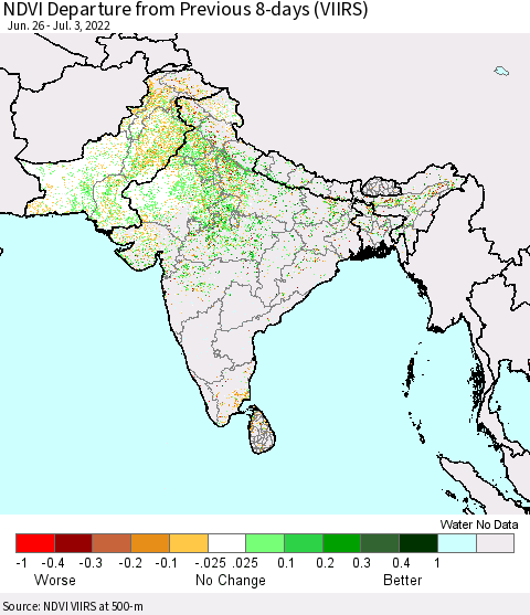 Southern Asia NDVI Departure from Previous 8-days (VIIRS) Thematic Map For 6/26/2022 - 7/3/2022
