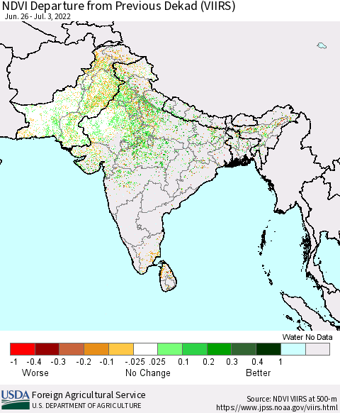 Southern Asia NDVI Departure from Previous Dekad (VIIRS) Thematic Map For 7/1/2022 - 7/10/2022