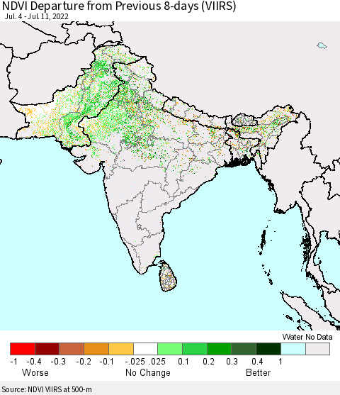 Southern Asia NDVI Departure from Previous 8-days (VIIRS) Thematic Map For 7/4/2022 - 7/11/2022