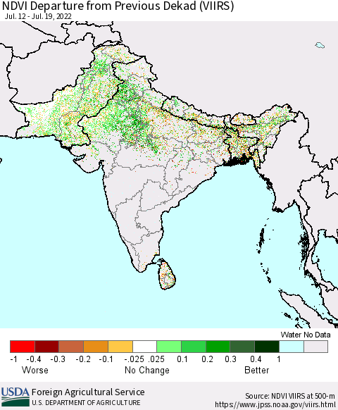 Southern Asia NDVI Departure from Previous Dekad (VIIRS) Thematic Map For 7/11/2022 - 7/20/2022