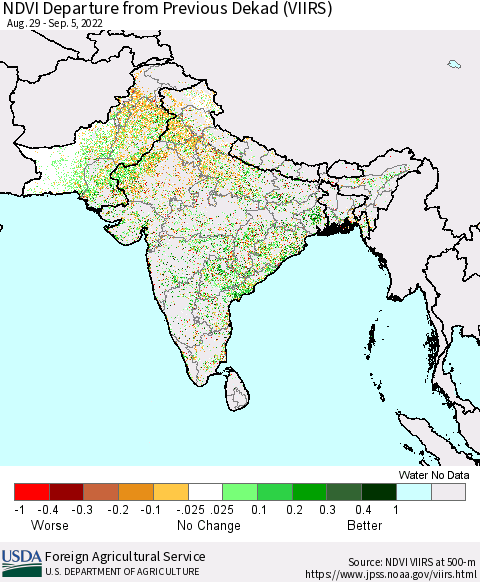 Southern Asia NDVI Departure from Previous Dekad (VIIRS) Thematic Map For 9/1/2022 - 9/10/2022