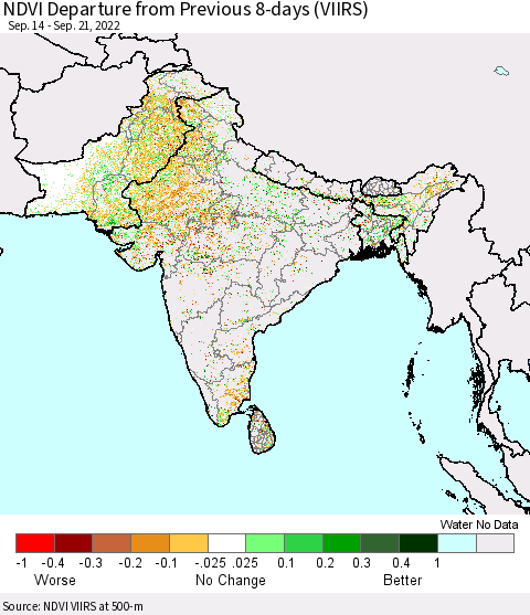 Southern Asia NDVI Departure from Previous 8-days (VIIRS) Thematic Map For 9/14/2022 - 9/21/2022