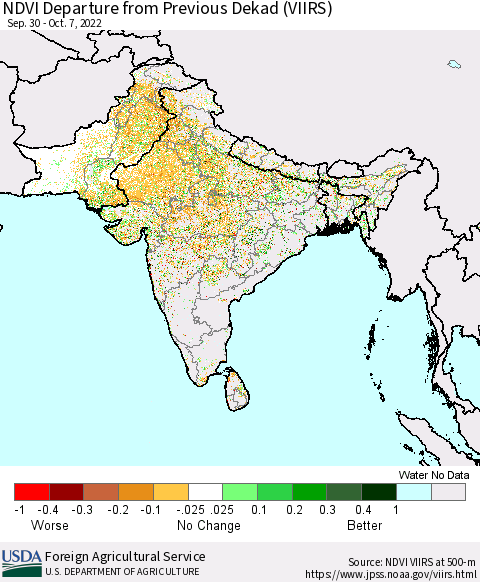 Southern Asia NDVI Departure from Previous Dekad (VIIRS) Thematic Map For 10/1/2022 - 10/10/2022