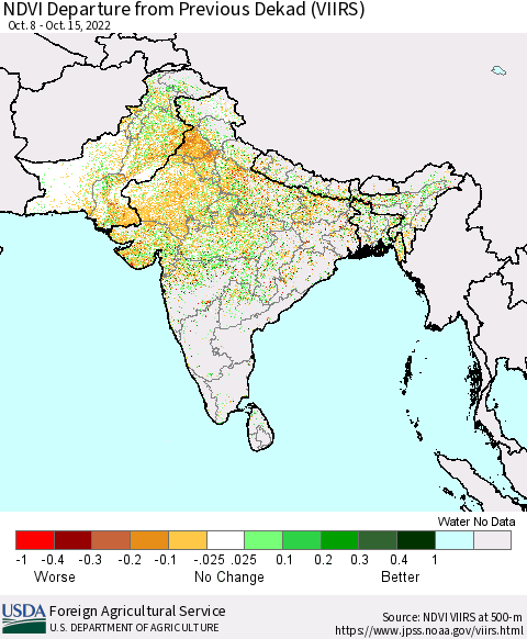 Southern Asia NDVI Departure from Previous Dekad (VIIRS) Thematic Map For 10/11/2022 - 10/20/2022