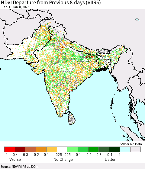 Southern Asia NDVI Departure from Previous 8-days (VIIRS) Thematic Map For 1/1/2023 - 1/8/2023