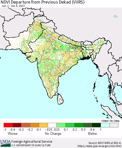 Southern Asia NDVI Departure from Previous Dekad (VIIRS) Thematic Map For 1/1/2023 - 1/10/2023
