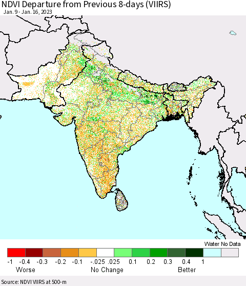 Southern Asia NDVI Departure from Previous 8-days (VIIRS) Thematic Map For 1/9/2023 - 1/16/2023