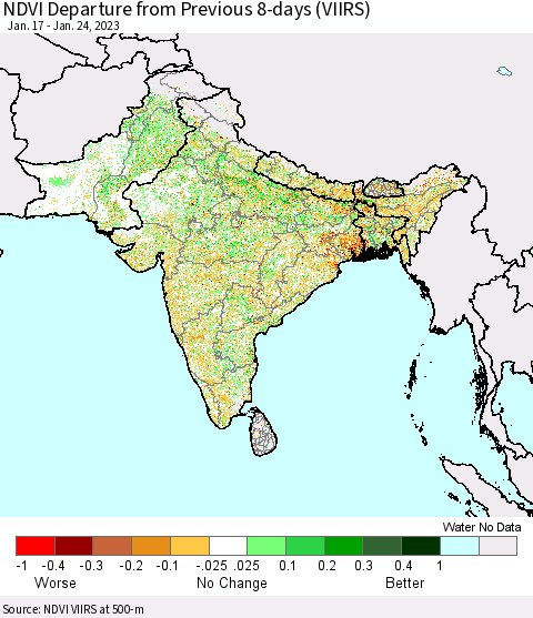 Southern Asia NDVI Departure from Previous 8-days (VIIRS) Thematic Map For 1/17/2023 - 1/24/2023